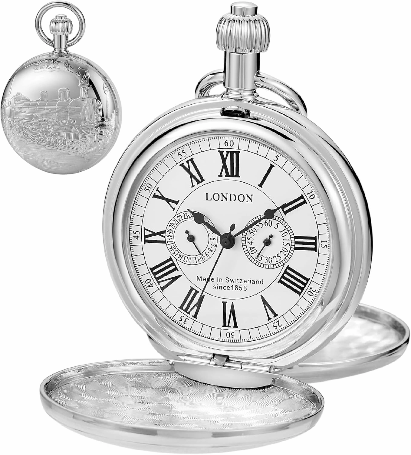 Copper Pocket Watch Train Railroad Steampunk Mechanical London Hand Wind Double Case Mens Watches with Chains & Boxs Christmas Graduation Birthday Gifts Fathers Day