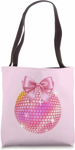 Coquette Disco Ball Pink Ribbon Bows Aesthetic Tote Bag