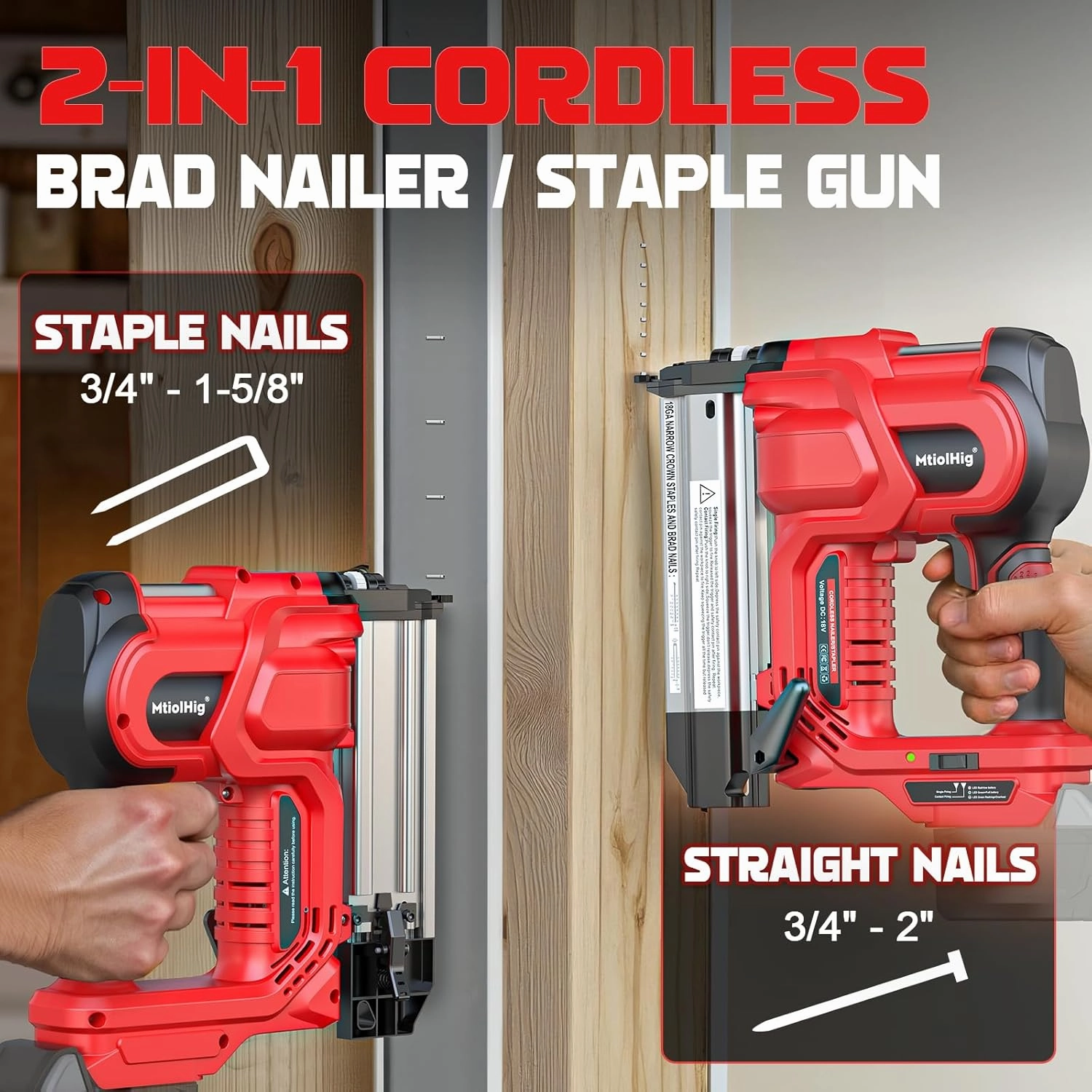 Cordless 2" Brad Nailer For Milwaukee Battery(No Battery), 2-in-1 Electric Nail Gun/Staple Gun, 18 Gauge Nail Gun Battery Powered with 1000 Nails for Wood Carpentry, Adjustable Depth, 2 Modes