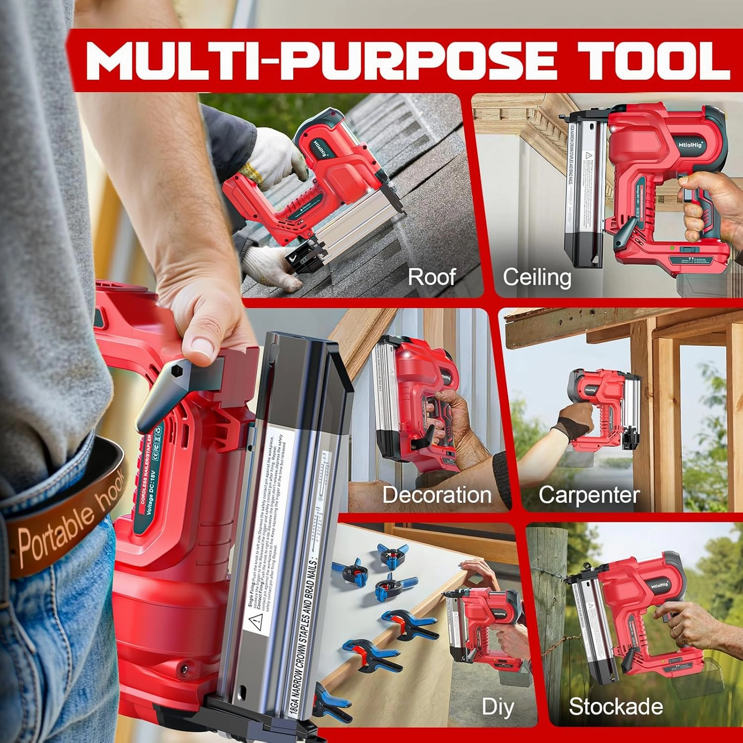 Cordless 2" Brad Nailer For Milwaukee Battery(No Battery), 2-in-1 Electric Nail Gun/Staple Gun, 18 Gauge Nail Gun Battery Powered with 1000 Nails for Wood Carpentry, Adjustable Depth, 2 Modes