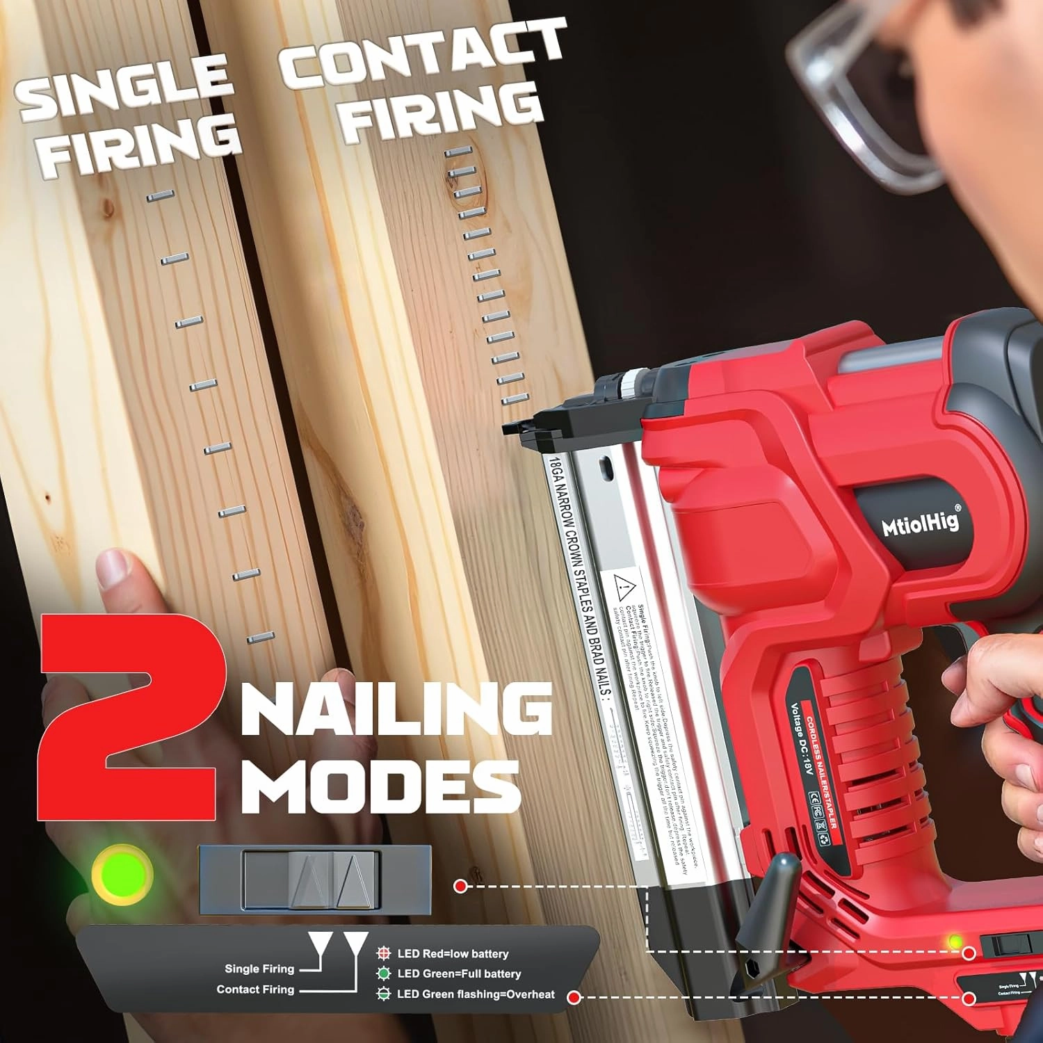Cordless 2" Brad Nailer For Milwaukee Battery(No Battery), 2-in-1 Electric Nail Gun/Staple Gun, 18 Gauge Nail Gun Battery Powered with 1000 Nails for Wood Carpentry, Adjustable Depth, 2 Modes