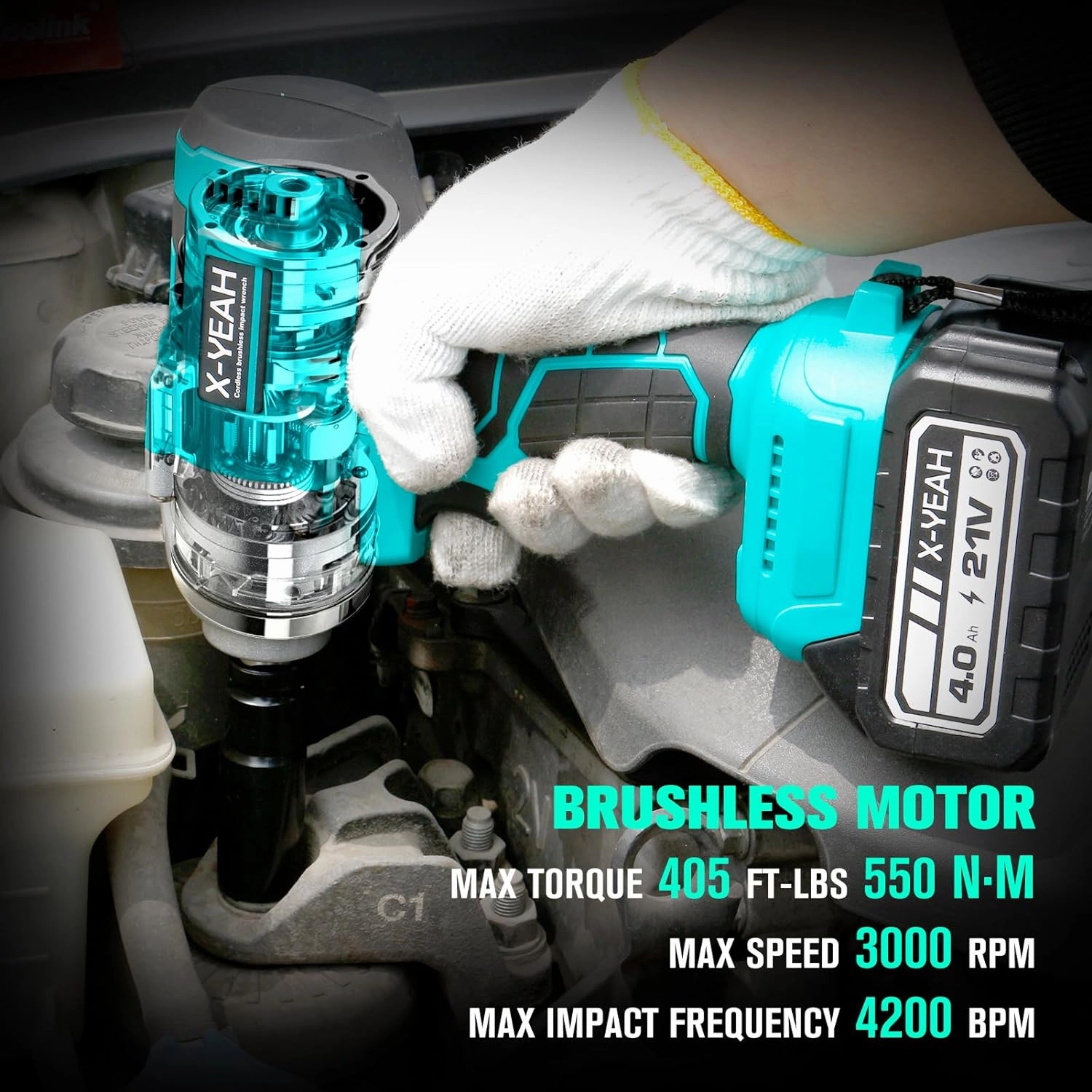 Cordless Impact Wrench Kit- 1/2" Max Torque 406 Ft-lbs(550N.m) ， 2x 4.0Ah Li-ion Battery,4 PCS Impact Sockets, Charger Kit Case, For Changing Tires and Assembling Heavy Machinery