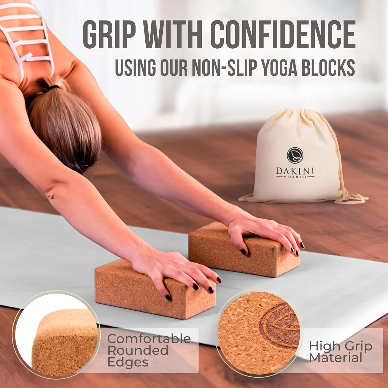 Cork Yoga Blocks 2 Pack with Strap- 9x6x3 Inch Natural Yoga Block Set of 2- Pilates Props and Accessories - High Density Cork Bricks For Exercise
