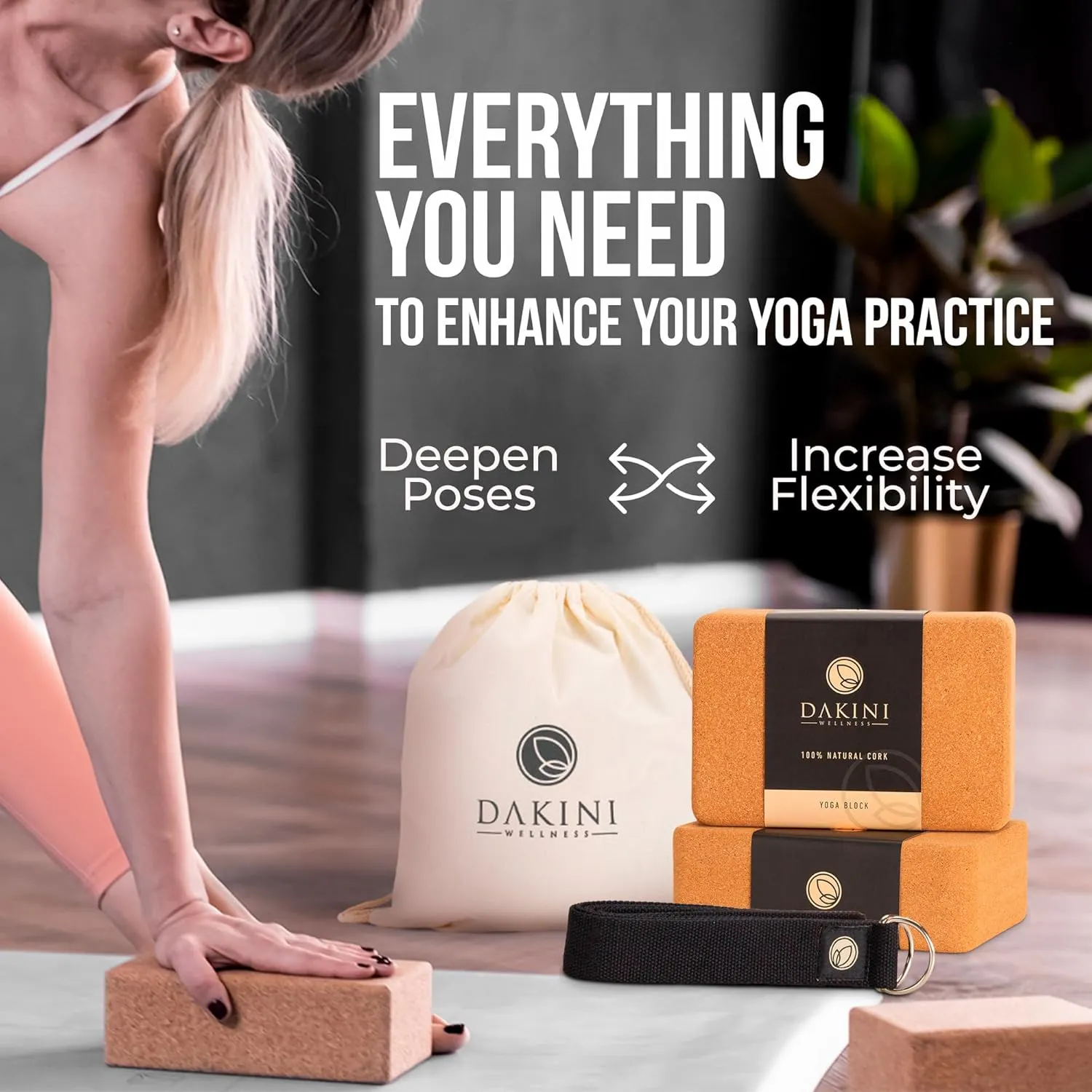 Cork Yoga Blocks 2 Pack with Strap- 9x6x3 Inch Natural Yoga Block Set of 2- Pilates Props and Accessories - High Density Cork Bricks For Exercise