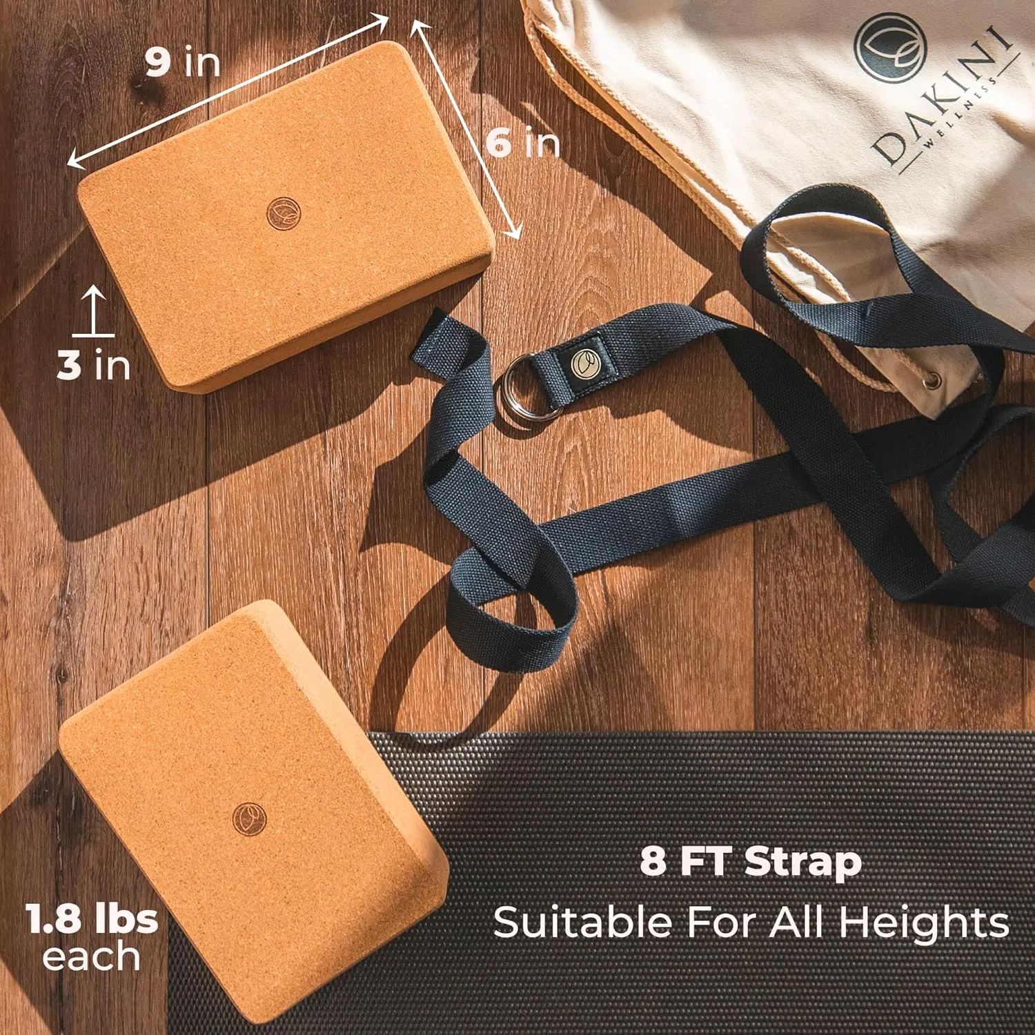 Cork Yoga Blocks 2 Pack with Strap- 9x6x3 Inch Natural Yoga Block Set of 2- Pilates Props and Accessories - High Density Cork Bricks For Exercise