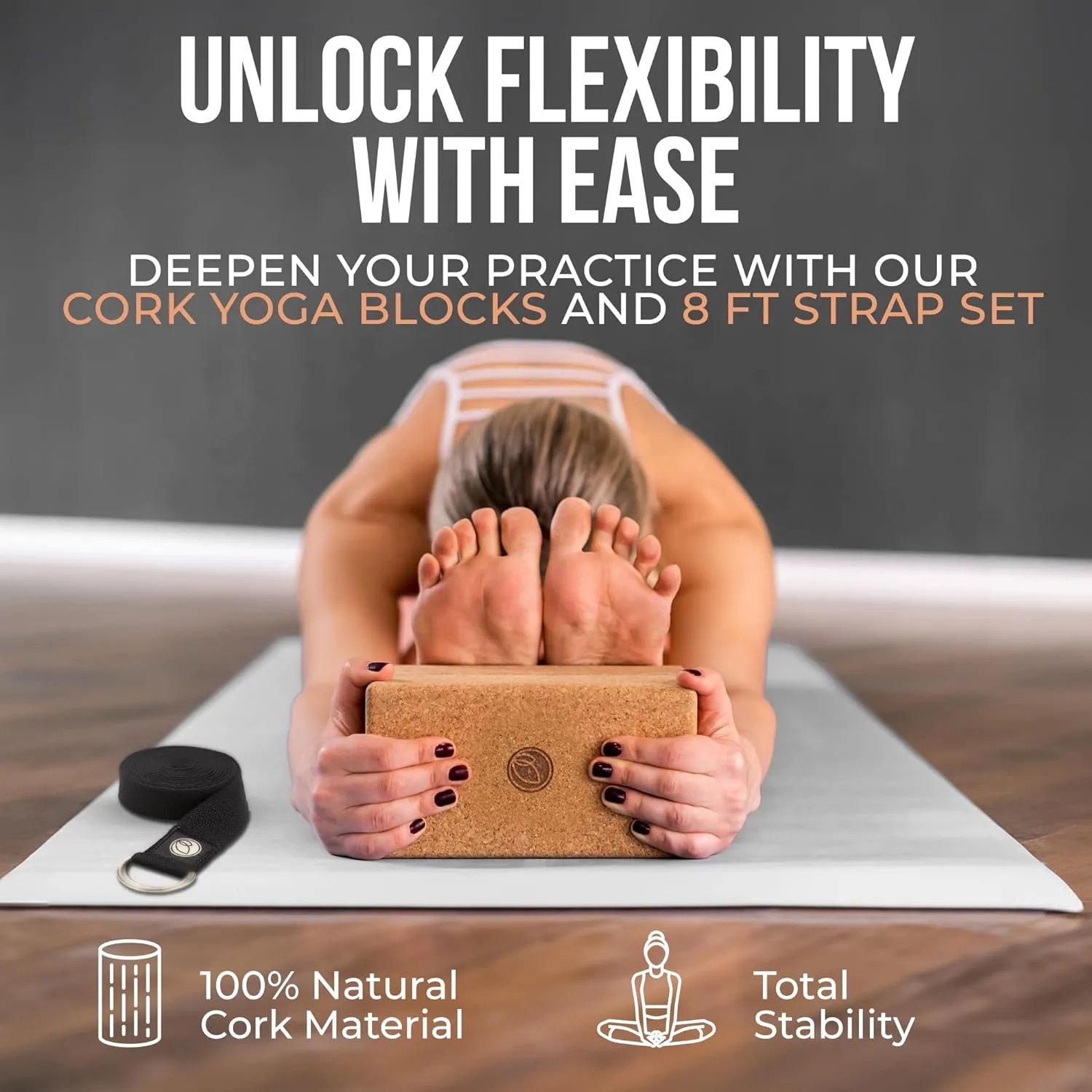 Cork Yoga Blocks 2 Pack with Strap- 9x6x3 Inch Natural Yoga Block Set of 2- Pilates Props and Accessories - High Density Cork Bricks For Exercise