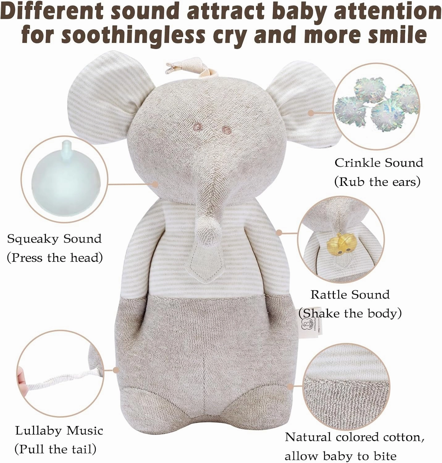COTTONEBEBE Organic Baby Toys, Stuffed Animal Toy with Lullaby Music for Infant Babies 0 3 6 12 to 36 Months Boy & Girl,Ideal Gift for Newborn (Mr. Elephant, Cotton)