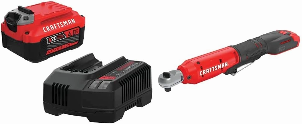 CRAFTSMAN V20 Battery, Power Tool Kit, Charger Included, 4.0-Ah (CMCB204-CK) CMCF930B V20* Cordless 3/8" Drive Cordless Ratchet (Tool Only)