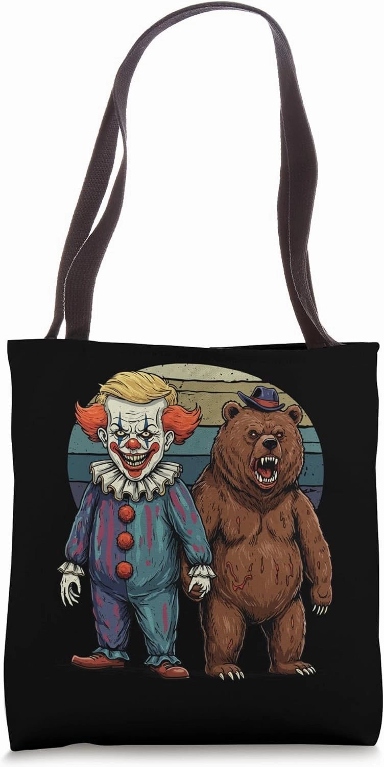 Creepy Clown Holding Hands with Scary Bear Political Protest Tote Bag