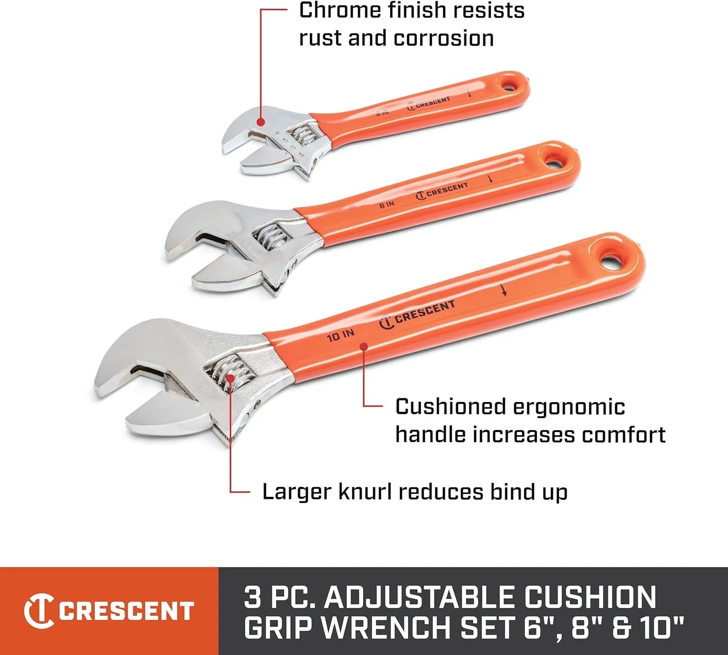 Crescent 3 Piece Adjustable Cushion Grip Wrench Set 6", 8" & 10" - AC26810CV
