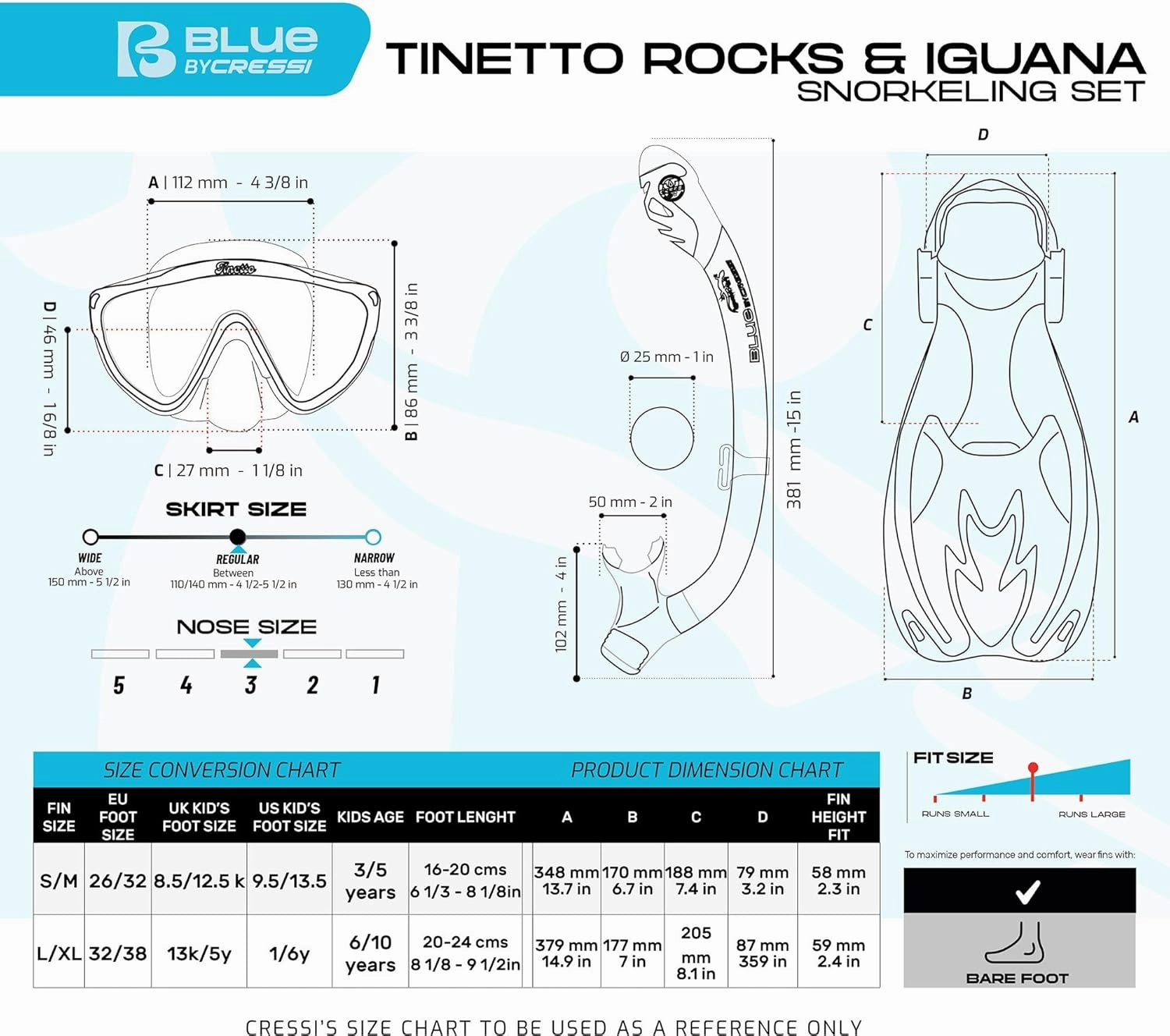 Cressi Kids Snorkeling Set- Short Adjustable Fins, Silicone Mask, and Dry Snorkel- Tinetto Rocks Dry Set- Designed in Italy