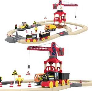 Crossing & Crane Train Set 58 Pieces Construction Site Wooden Train Track Gift Packed Toy Railway Kits for Kids Toddler Boys and Girls Compatible with All Major Brands (Battery not Included)