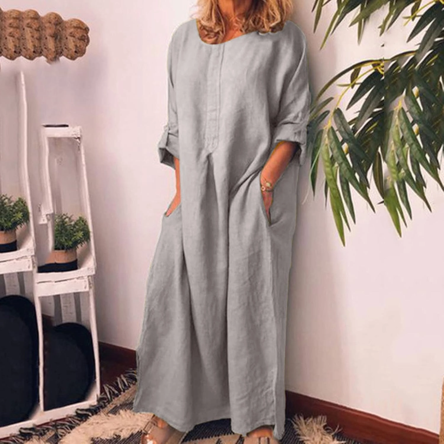 Ctreela Cotton Linen Kaftan Dress for Women Summer Loose Lounge Dress Cozy Homewear Roll-up Long Sleeve Dress with Pocket