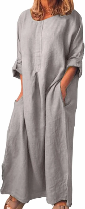 Ctreela Cotton Linen Kaftan Dress for Women Summer Loose Lounge Dress Cozy Homewear Roll-up Long Sleeve Dress with Pocket
