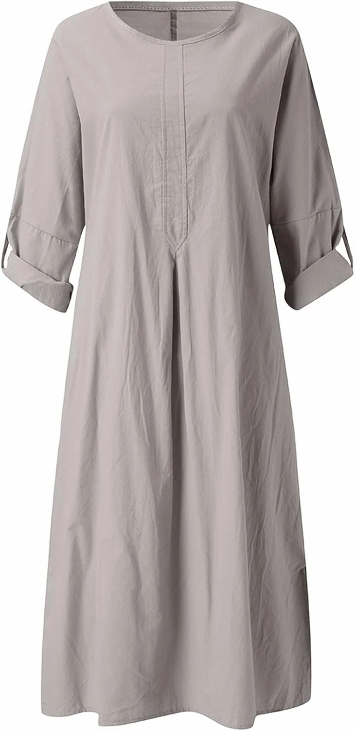 Ctreela Cotton Linen Kaftan Dress for Women Summer Loose Lounge Dress Cozy Homewear Roll-up Long Sleeve Dress with Pocket