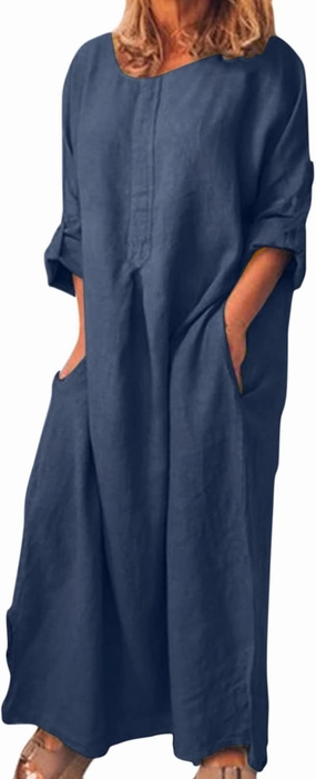 Ctreela Cotton Linen Kaftan Dress for Women Summer Loose Lounge Dress Cozy Homewear Roll-up Long Sleeve Dress with Pocket