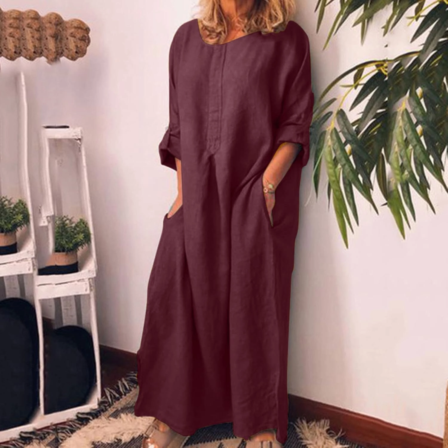 Ctreela Cotton Linen Kaftan Dress for Women Summer Loose Lounge Dress Cozy Homewear Roll-up Long Sleeve Dress with Pocket