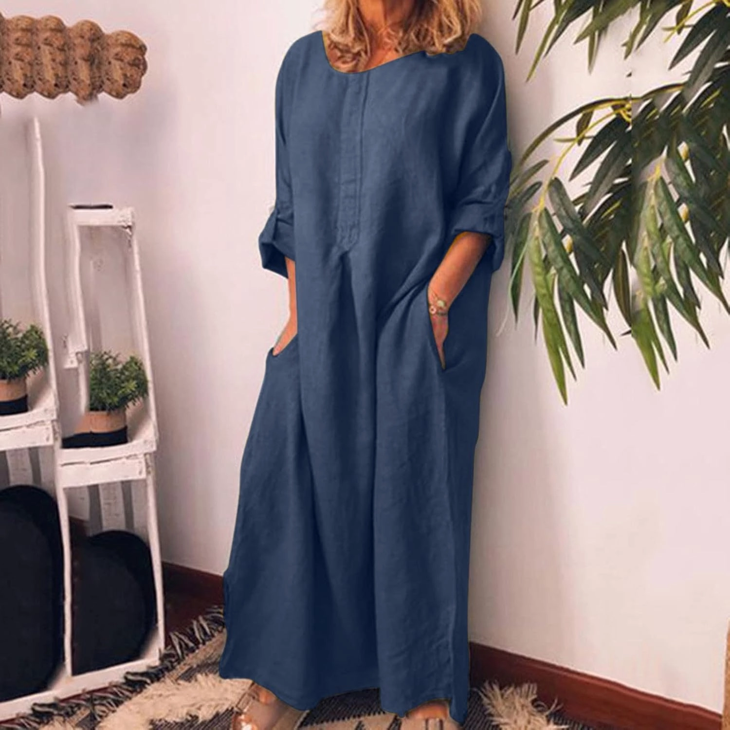 Ctreela Cotton Linen Kaftan Dress for Women Summer Loose Lounge Dress Cozy Homewear Roll-up Long Sleeve Dress with Pocket