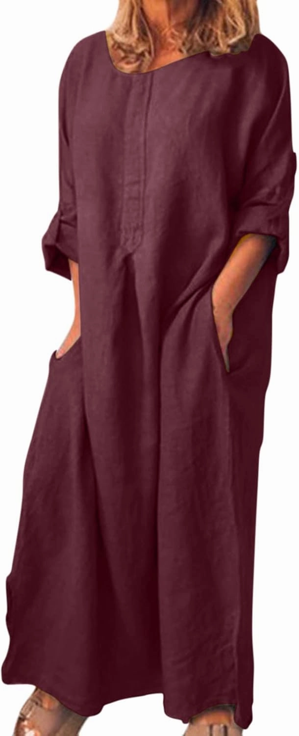 Ctreela Cotton Linen Kaftan Dress for Women Summer Loose Lounge Dress Cozy Homewear Roll-up Long Sleeve Dress with Pocket