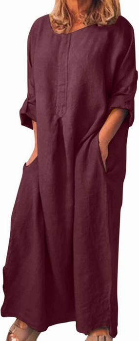 Ctreela Cotton Linen Kaftan Dress for Women Summer Loose Lounge Dress Cozy Homewear Roll-up Long Sleeve Dress with Pocket