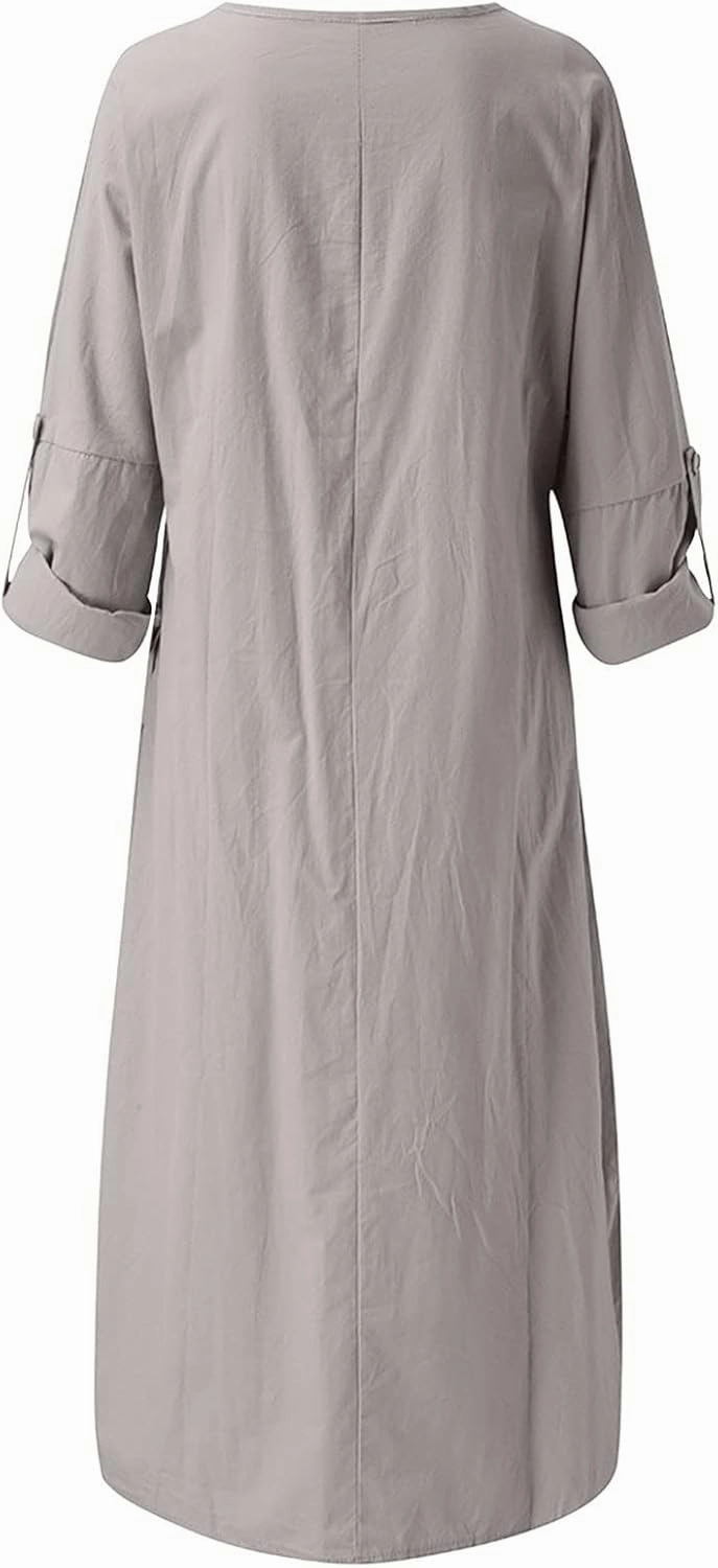 Ctreela Cotton Linen Kaftan Dress for Women Summer Loose Lounge Dress Cozy Homewear Roll-up Long Sleeve Dress with Pocket