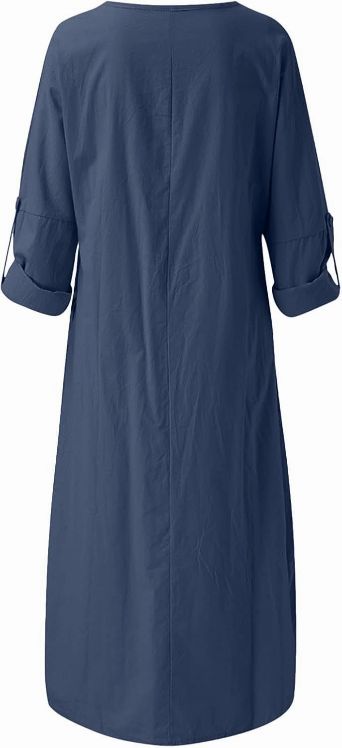 Ctreela Cotton Linen Kaftan Dress for Women Summer Loose Lounge Dress Cozy Homewear Roll-up Long Sleeve Dress with Pocket