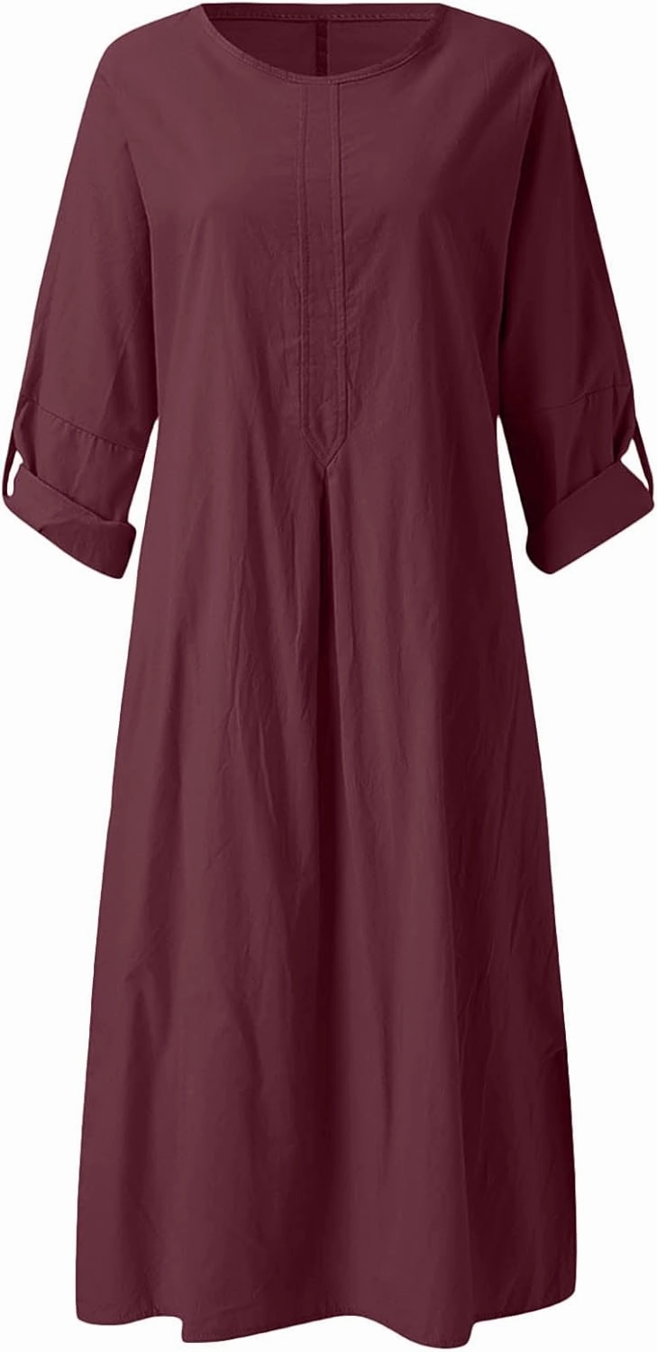 Ctreela Cotton Linen Kaftan Dress for Women Summer Loose Lounge Dress Cozy Homewear Roll-up Long Sleeve Dress with Pocket