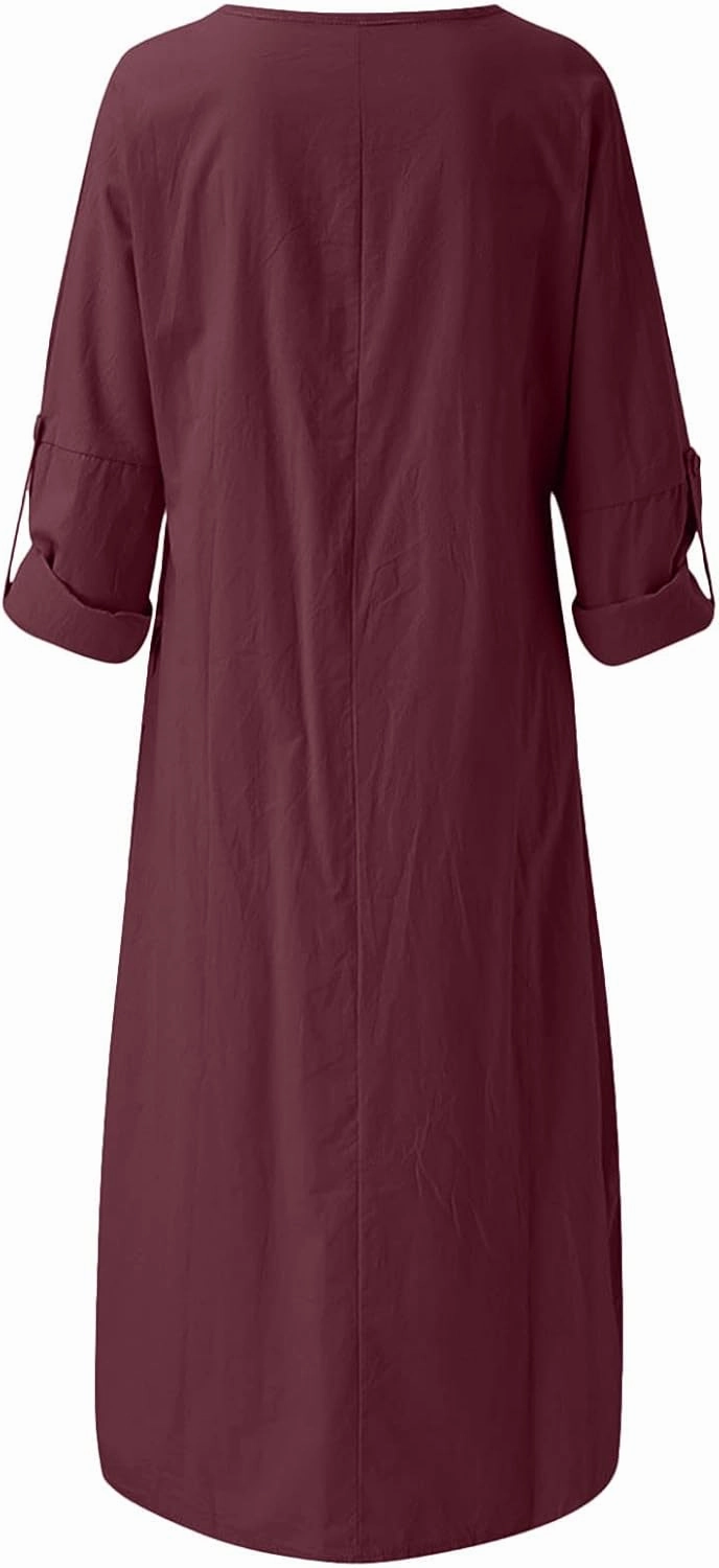 Ctreela Cotton Linen Kaftan Dress for Women Summer Loose Lounge Dress Cozy Homewear Roll-up Long Sleeve Dress with Pocket