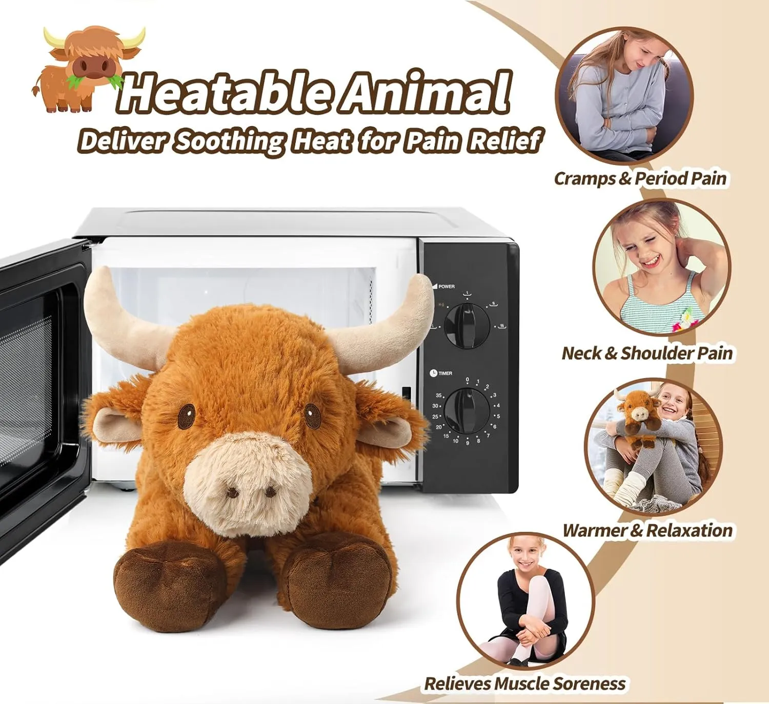 Cuckool Warmable Bull Cow Stuffed Animals, Microwavable Stuffed Animals Heating Pad for Cramps, Pain Stress Relief, Heatable Coolable Lavender Scented Plush Toys for Anxiety, Women Kids Bedtime