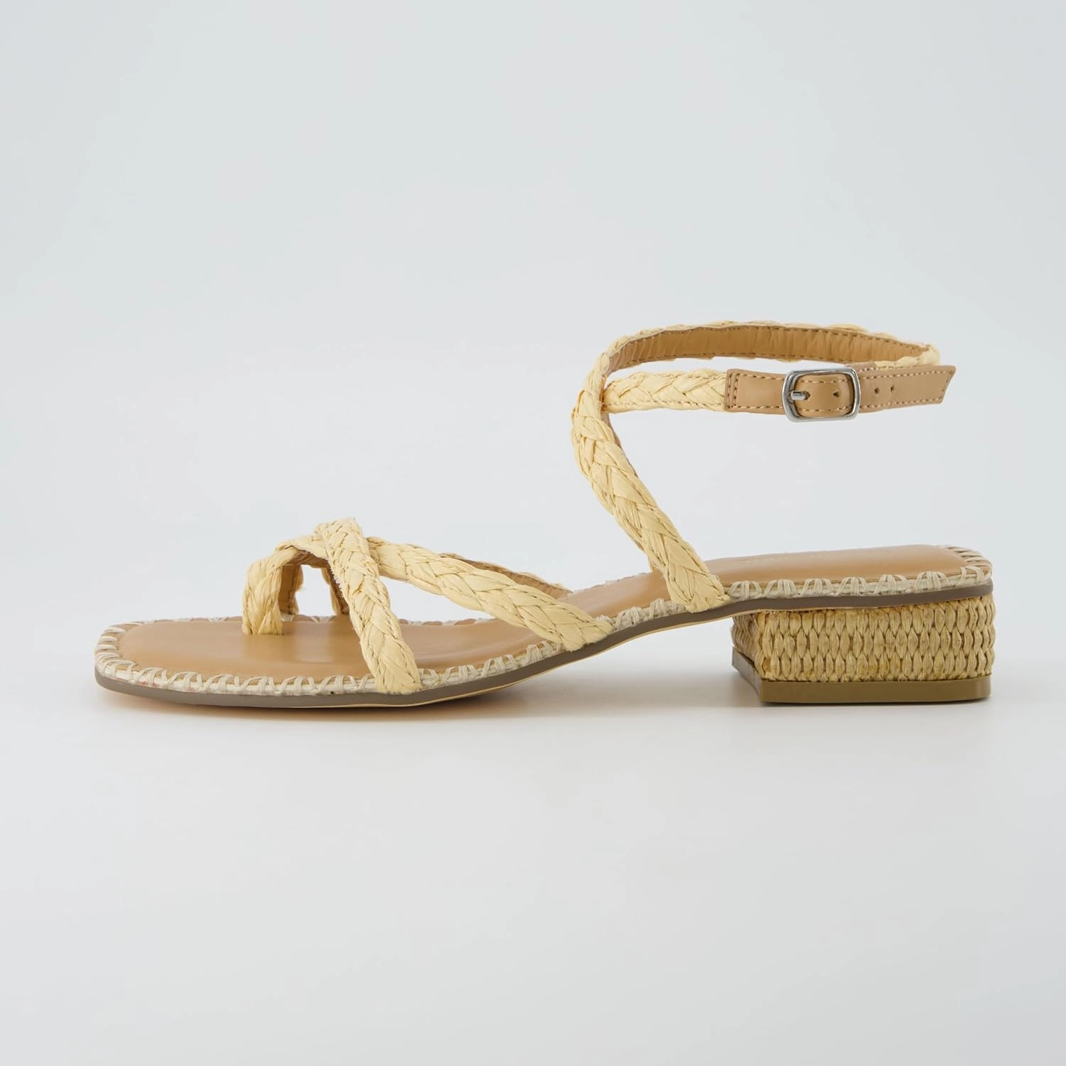 CUSHIONAIRE Wave Raffia Strappy Sandals for Women – Braided Toe Ring Ankle Wrap Dress Sandal with Low Block Heel & Memory Foam
