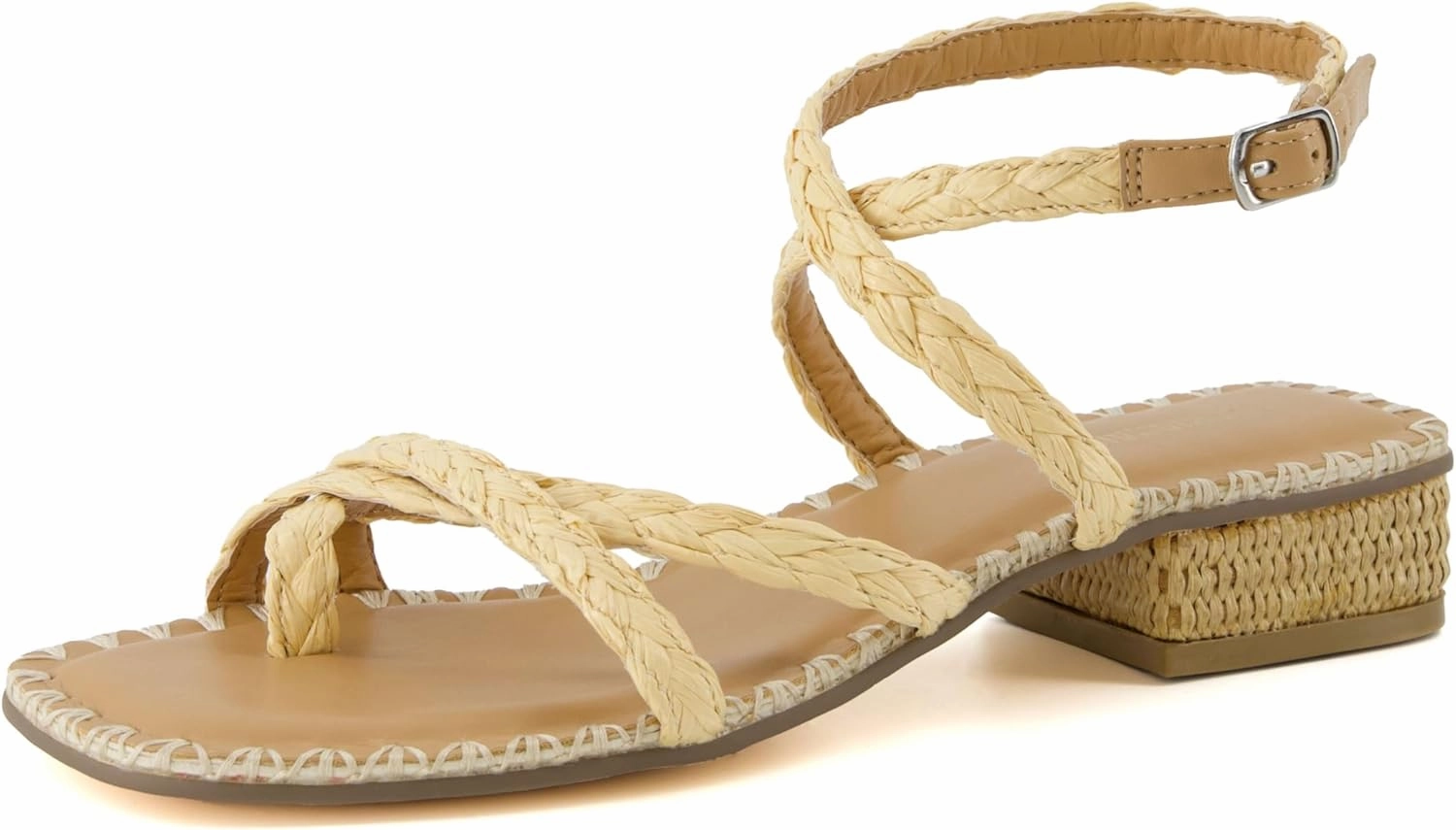 CUSHIONAIRE Wave Raffia Strappy Sandals for Women – Braided Toe Ring Ankle Wrap Dress Sandal with Low Block Heel & Memory Foam