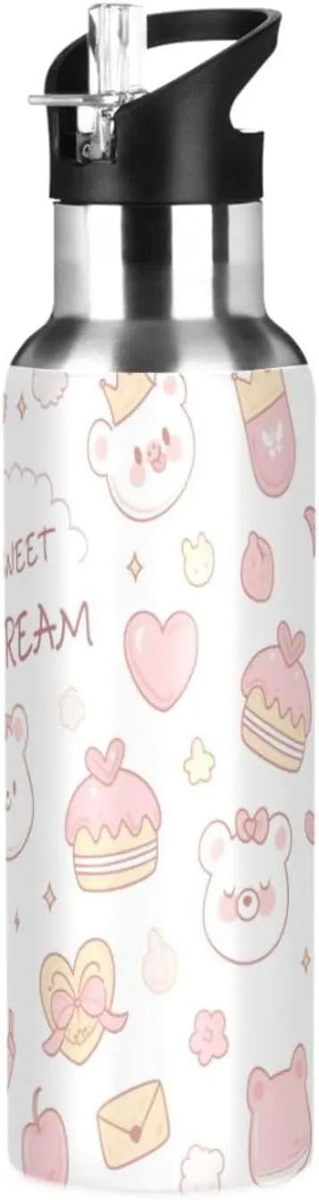Cute Bear Insulated Water Bottle with Straw & Lid 22oz BPA Free Leakproof Stainless Steel Water Bottle Vacuum Double Wall Wide Mouth Sports Cup