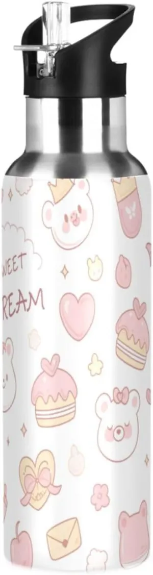 Cute Bear Insulated Water Bottle with Straw & Lid 22oz BPA Free Leakproof Stainless Steel Water Bottle Vacuum Double Wall Wide Mouth Sports Cup