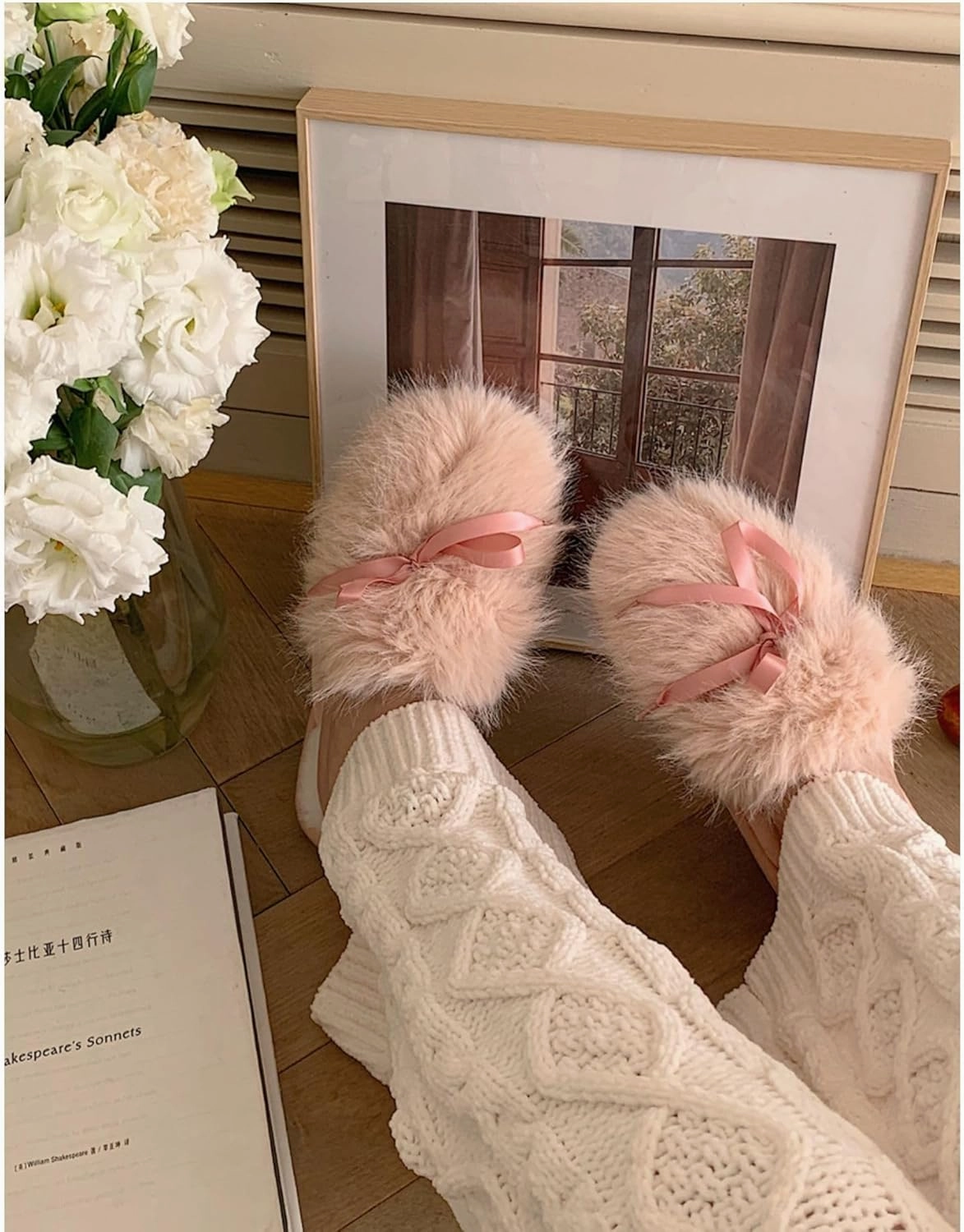 Cute bow Women's Fuzzy Memory Foam Slippers Fluffy Winter House Shoes Indoor and Outdoor