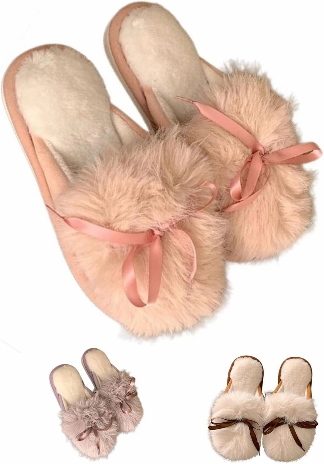 Cute bow Women's Fuzzy Memory Foam Slippers Fluffy Winter House Shoes Indoor and Outdoor