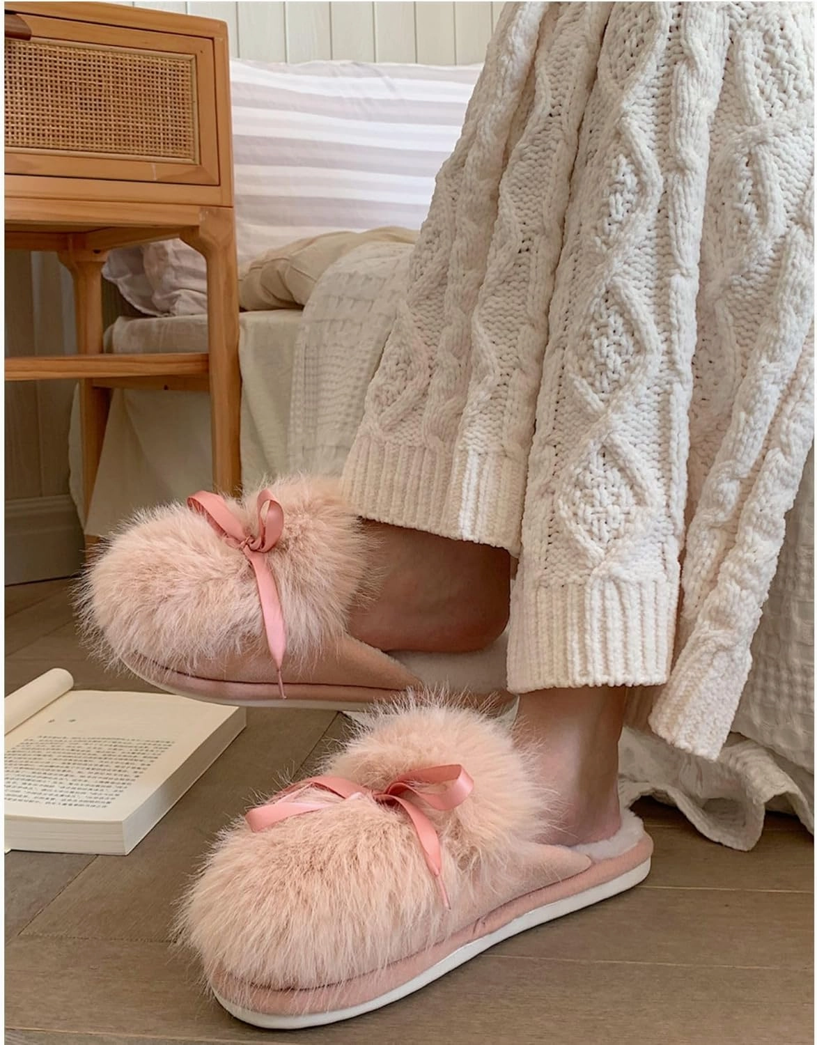 Cute bow Women's Fuzzy Memory Foam Slippers Fluffy Winter House Shoes Indoor and Outdoor