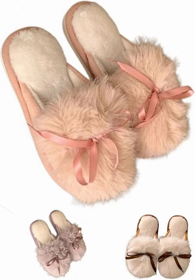 Cute bow Women's Fuzzy Memory Foam Slippers Fluffy Winter House Shoes Indoor and Outdoor
