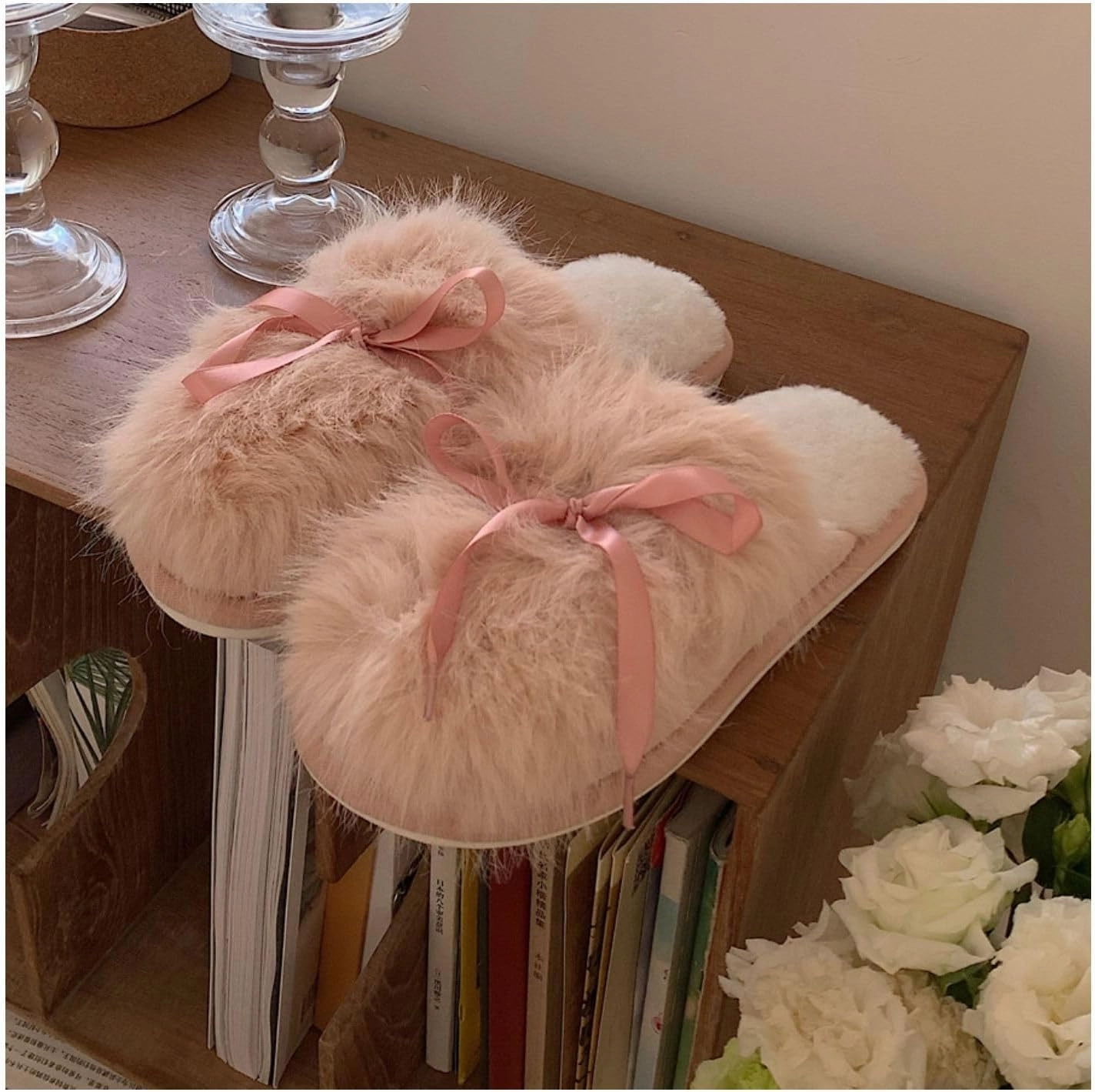 Cute bow Women's Fuzzy Memory Foam Slippers Fluffy Winter House Shoes Indoor and Outdoor