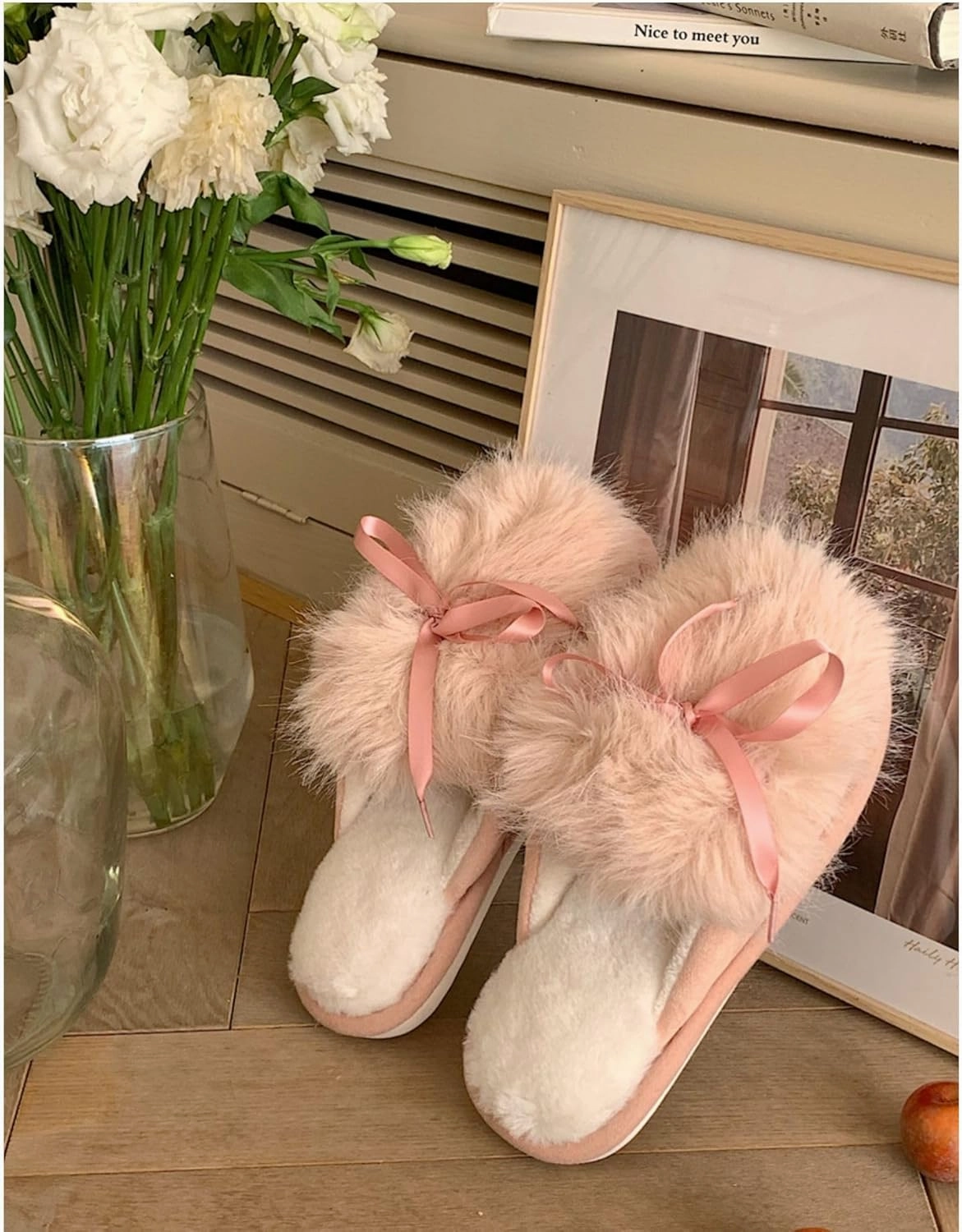 Cute bow Women's Fuzzy Memory Foam Slippers Fluffy Winter House Shoes Indoor and Outdoor