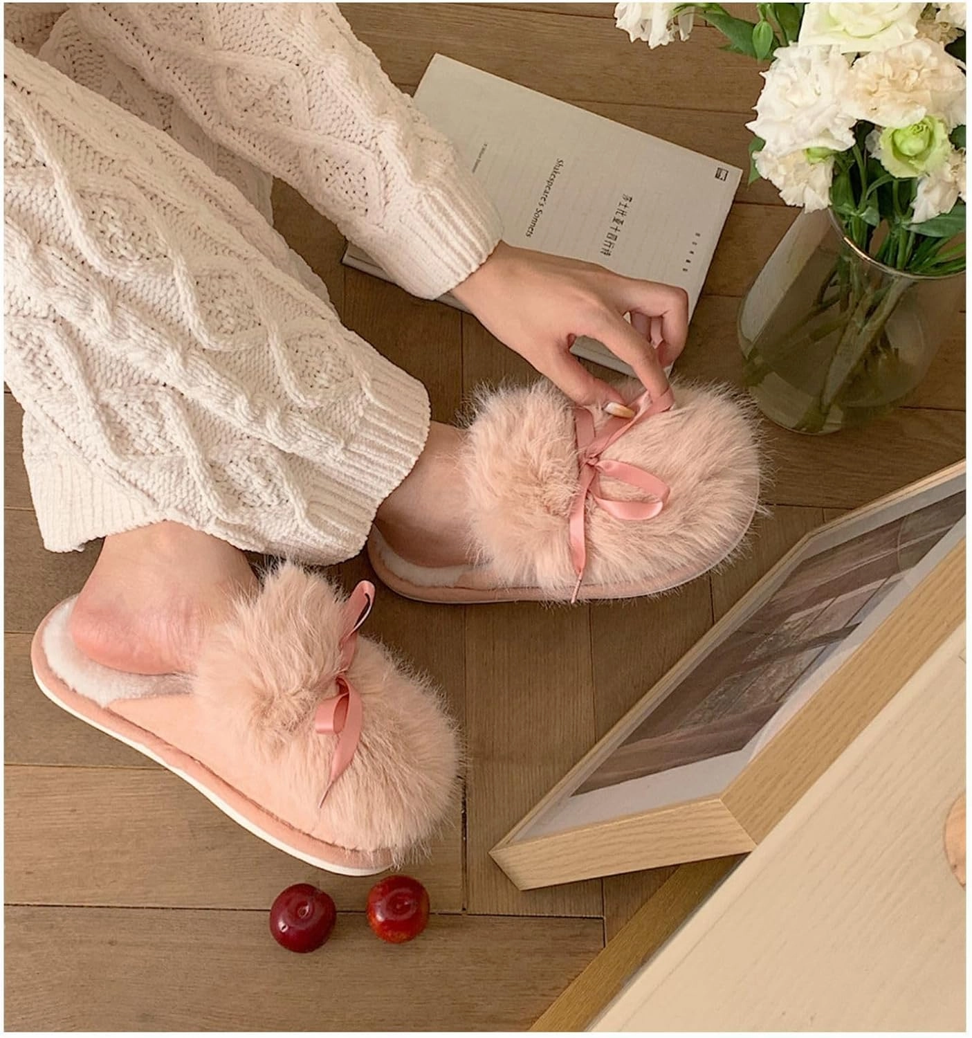 Cute bow Women's Fuzzy Memory Foam Slippers Fluffy Winter House Shoes Indoor and Outdoor