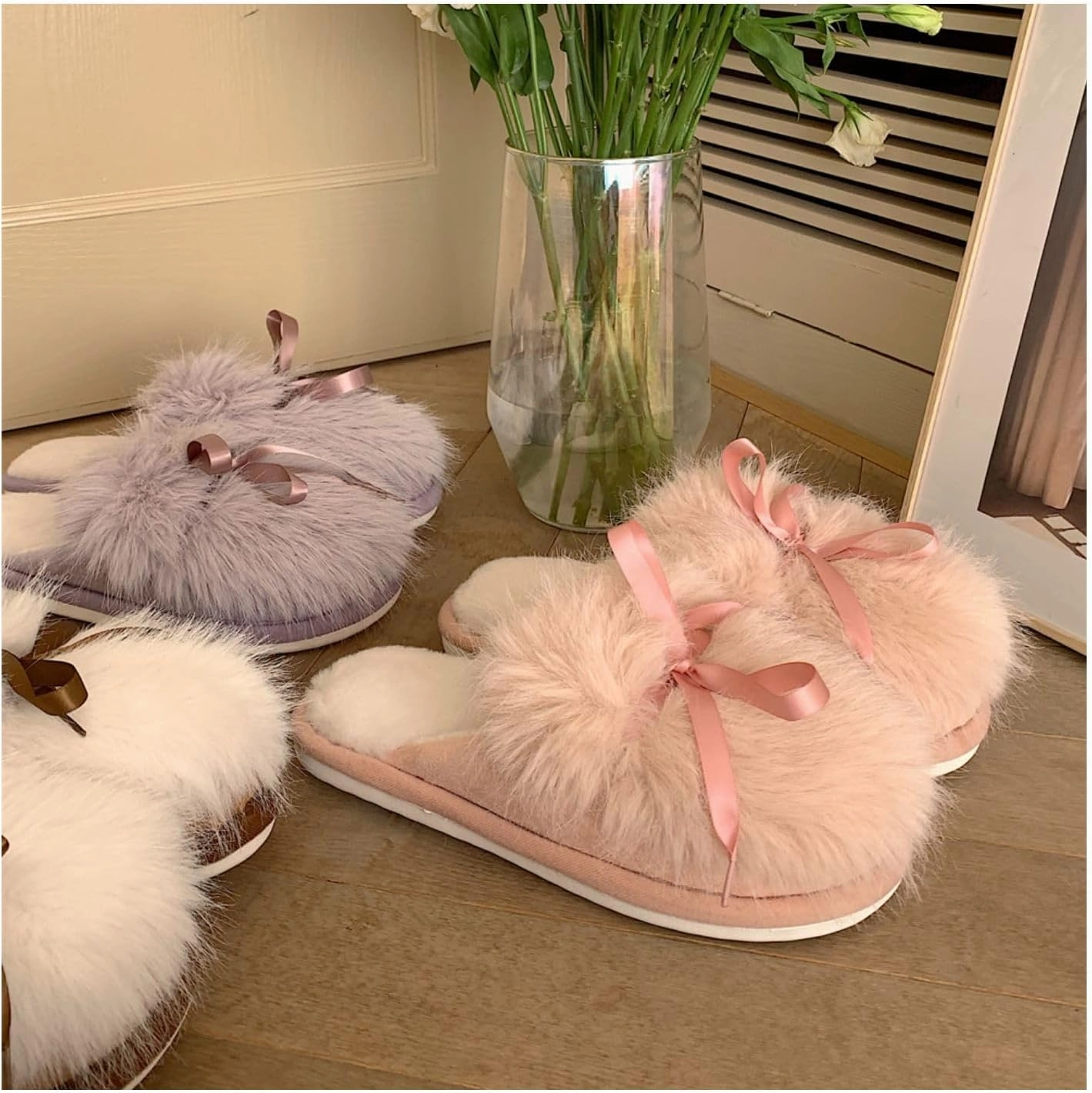 Cute bow Women's Fuzzy Memory Foam Slippers Fluffy Winter House Shoes Indoor and Outdoor