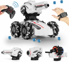 CXJ 3 Head RC Tank Car, Kids 4WD Battle Stunt Car, Blow Bubble, Shoot Foam Darts, 360Rotating, LEDs, Music, Toy Gifts for 6-15 Years Old Boys Girls