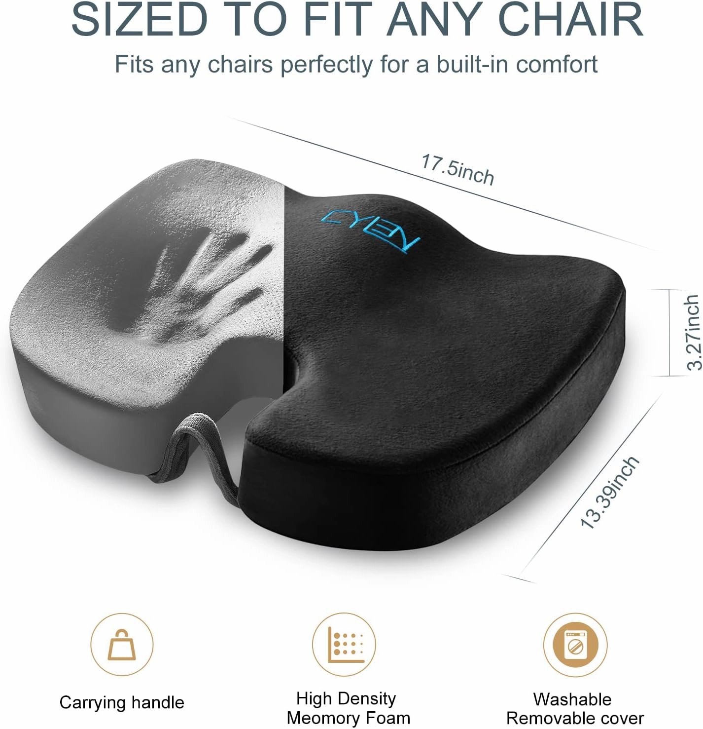 CYLEN Home Office Seat Cushion - Comfort Memory Foam Chair Cushion with Cooling for Tailbone, Coccyx, Back & Sciatica Pain Relief (Black)