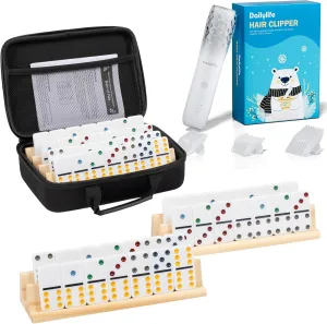 DAILYLIFE Dominoes for Kids, Double 6 Dominoes Set with 4 Wooden and Baby Hair Clippers for Kids with Autism, White