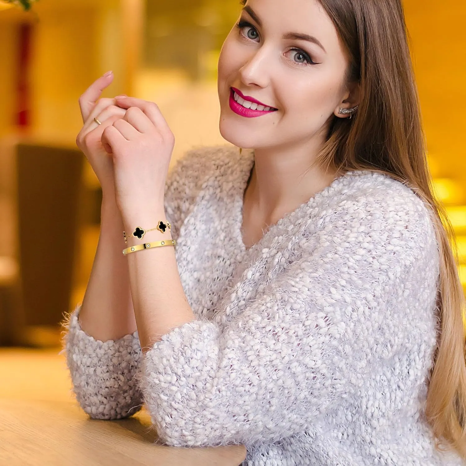 Dainty Gold Clover Bracelet Love Bangle Set Non Tarnish Gold Bracelet Stack and Black White Four Leaf Clover Bracelet Simple Cute Friendship Bangle Bracelets for Women Trendy Holiday Gifts
