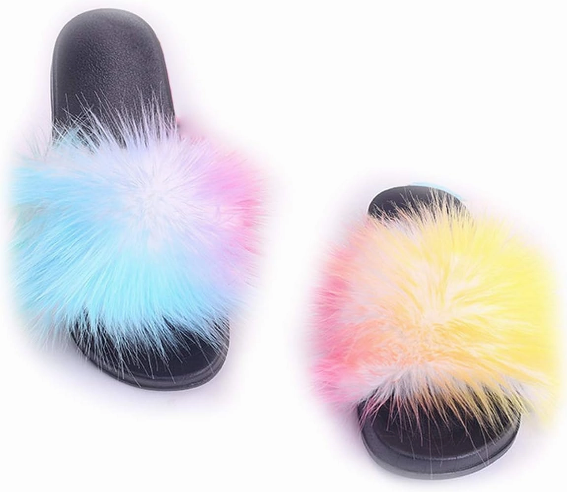 DAYISS Women Faux Fox Fur Slippers Summer Feather Open Toe Single Strap Slip On Sandals