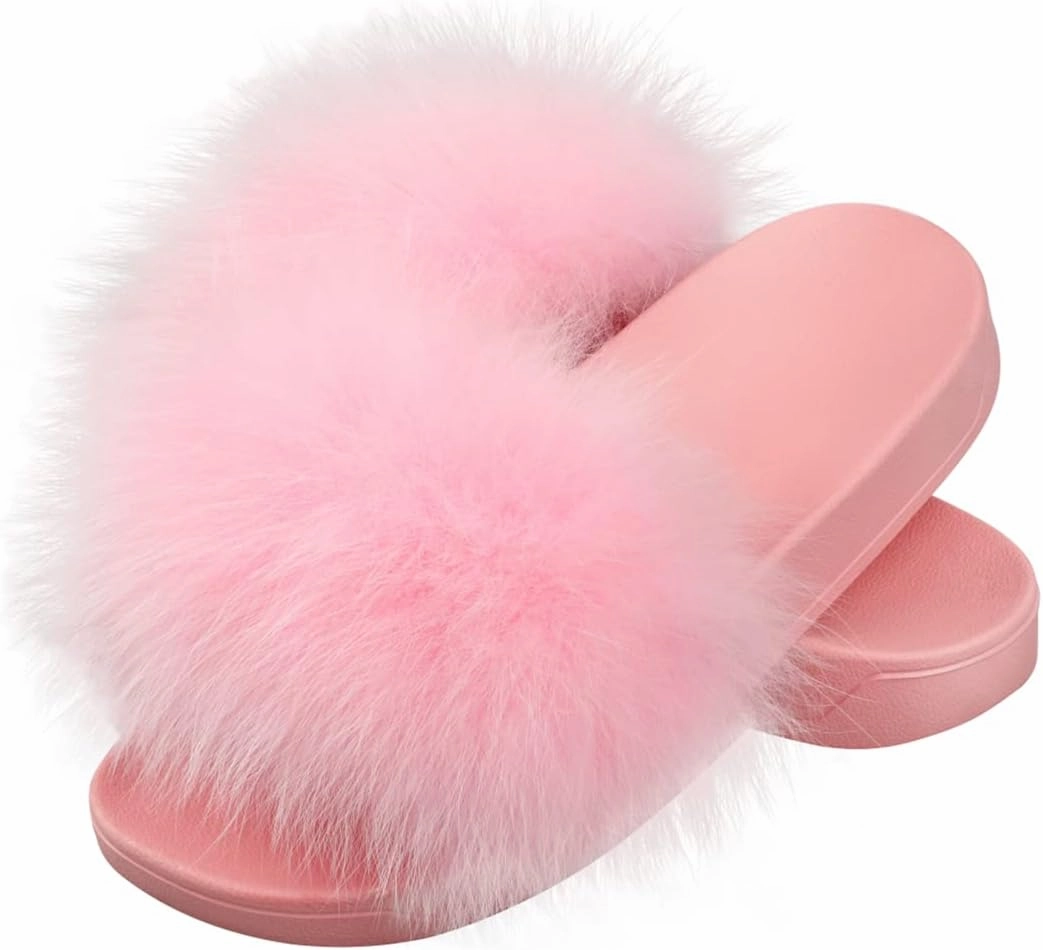 DAYISS Women Fox Fur Slippers Summer Colorful Feather Open Toe Slip On Sandals