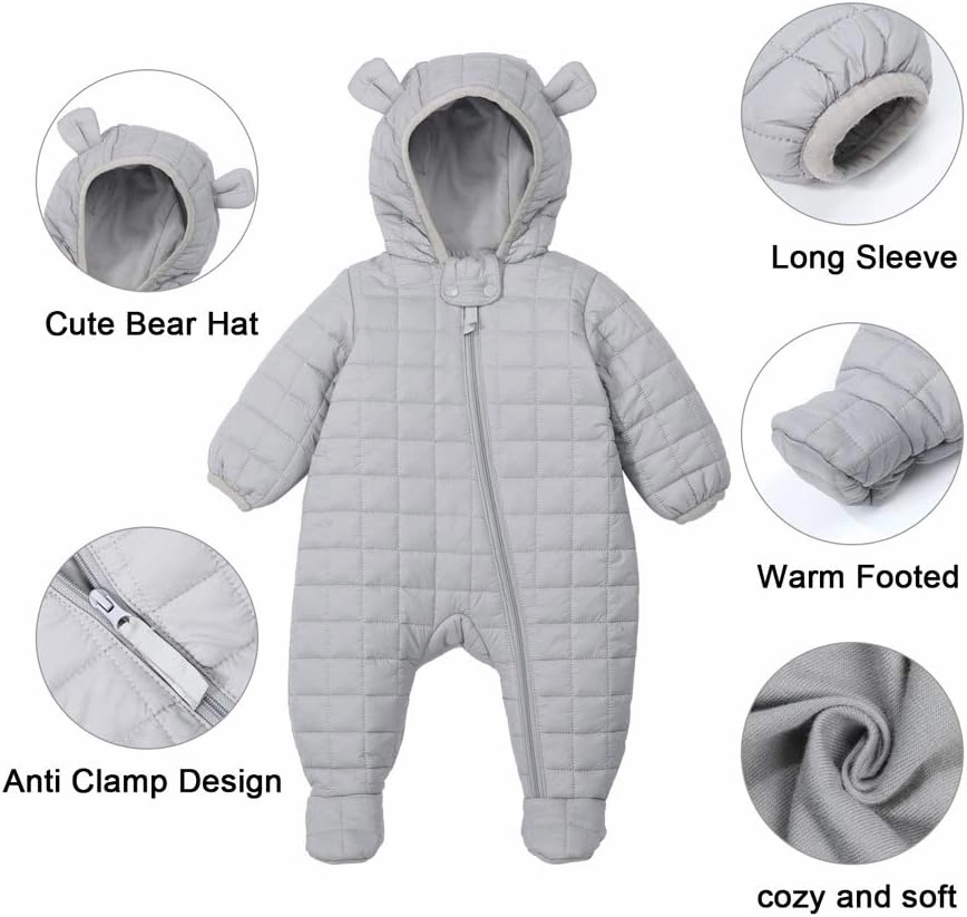 DDY Baby Girl Boy Snowsuit 0-3 Months Down Jacket Hooded Romper Jumpsuit Infant Onesie Winter Outwear Grey