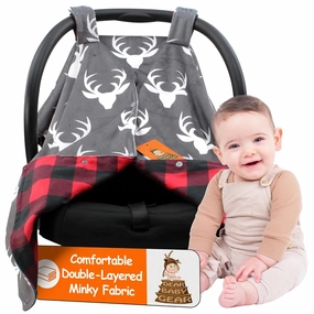 Dear Baby Gear Car Seat Cover for Boys & Girls - Baby Carseat Canopy w/Snap Opening - Infant Seat Cover - Nursing Covers - Newborn Carrier Canopy - 40x30 (White Antlers, Plaid Red & Black Buffalo)