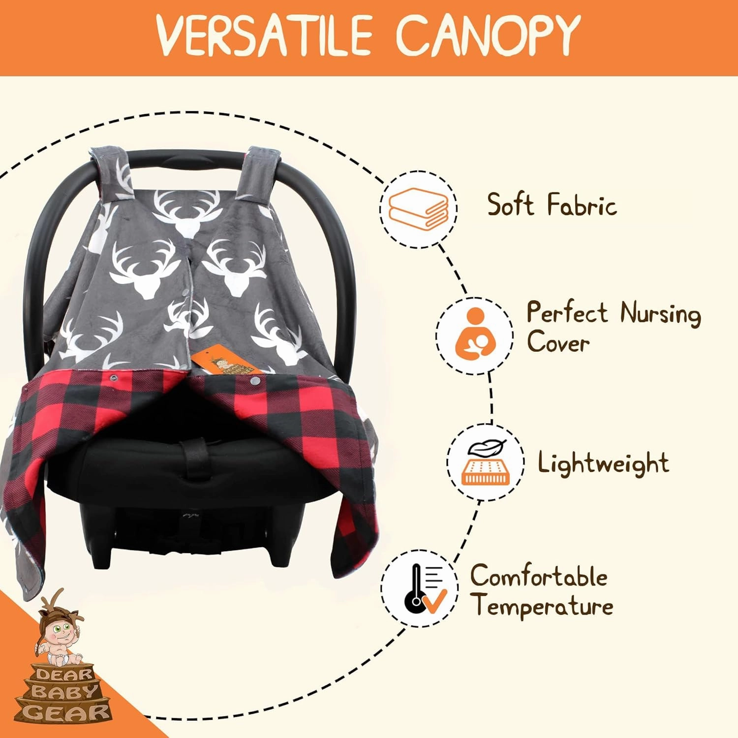 Dear Baby Gear Car Seat Cover for Boys & Girls - Baby Carseat Canopy w/Snap Opening - Infant Seat Cover - Nursing Covers - Newborn Carrier Canopy - 40x30 (White Antlers, Plaid Red & Black Buffalo)